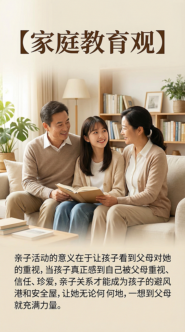 一张家庭教育宣传图，画面中只有一对中年中国父母和一个中国大学生女孩，整体氛围温馨和睦。画面上方配清晰书写正确的中文标题“【家庭教育观】”，下方清晰书写正确的中文文案：“亲子活动的意义在于让孩子看到父母对她的重视，当孩子真正感到自己被父母重视、信任、珍爱，亲子关系才能成为孩子的避风港和安全屋，让她无论何时何地，一想到父母就充满力量。”，所有文字书写清晰、正确