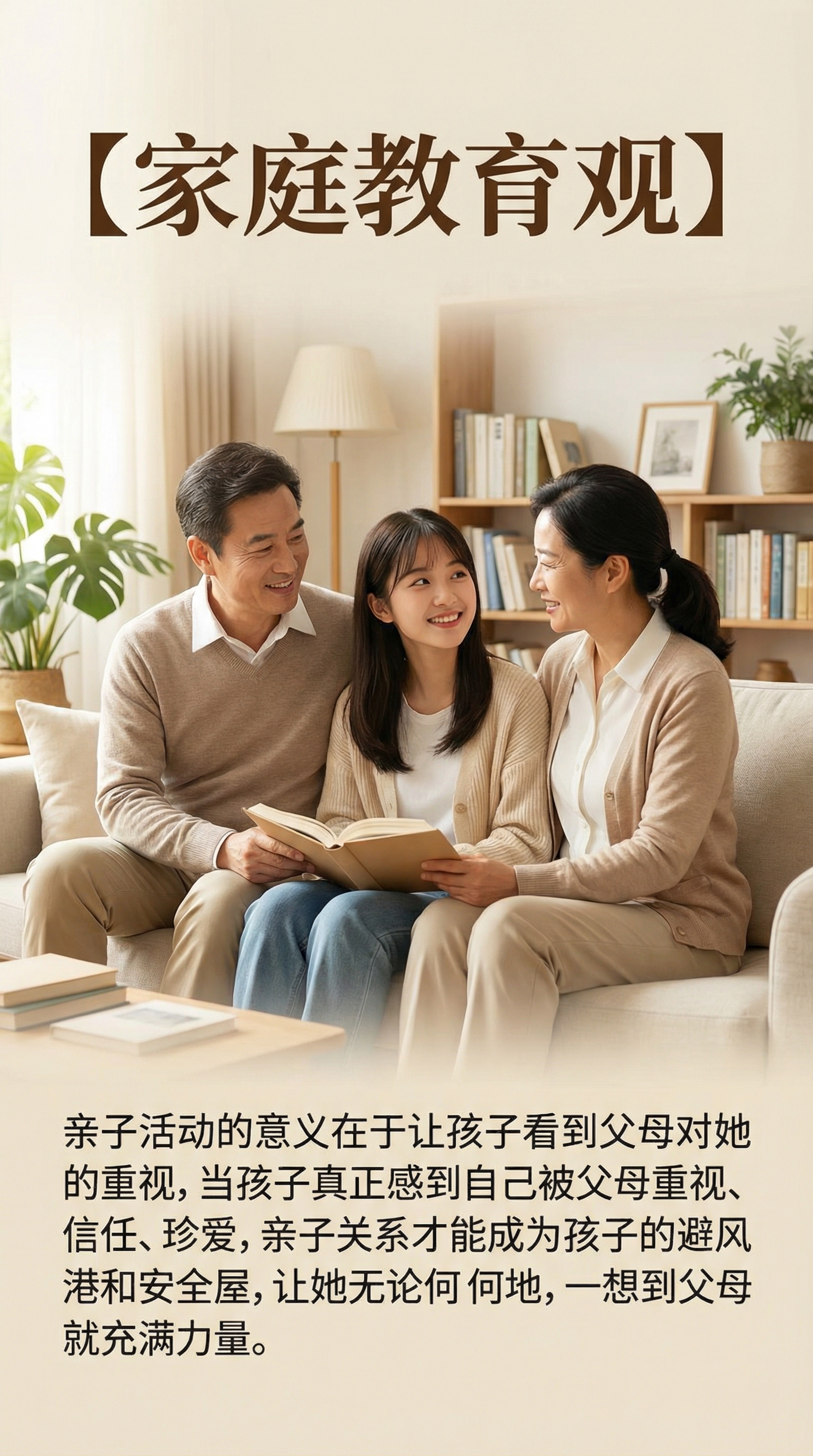 一张家庭教育宣传图，画面中只有一对中年中国父母和一个中国大学生… - 图片创意预览