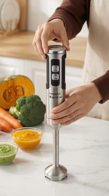 不锈钢料理棒主机（基于参考图产品细节保留），一只手正在旋转调节顶部档位，另一只手扶住料理棒，操作动作自然真实，清晰展示无极调速功能，产品结构完整细节清晰。场景为现代北欧风开放式厨房，白色大理石台面，背预览效果