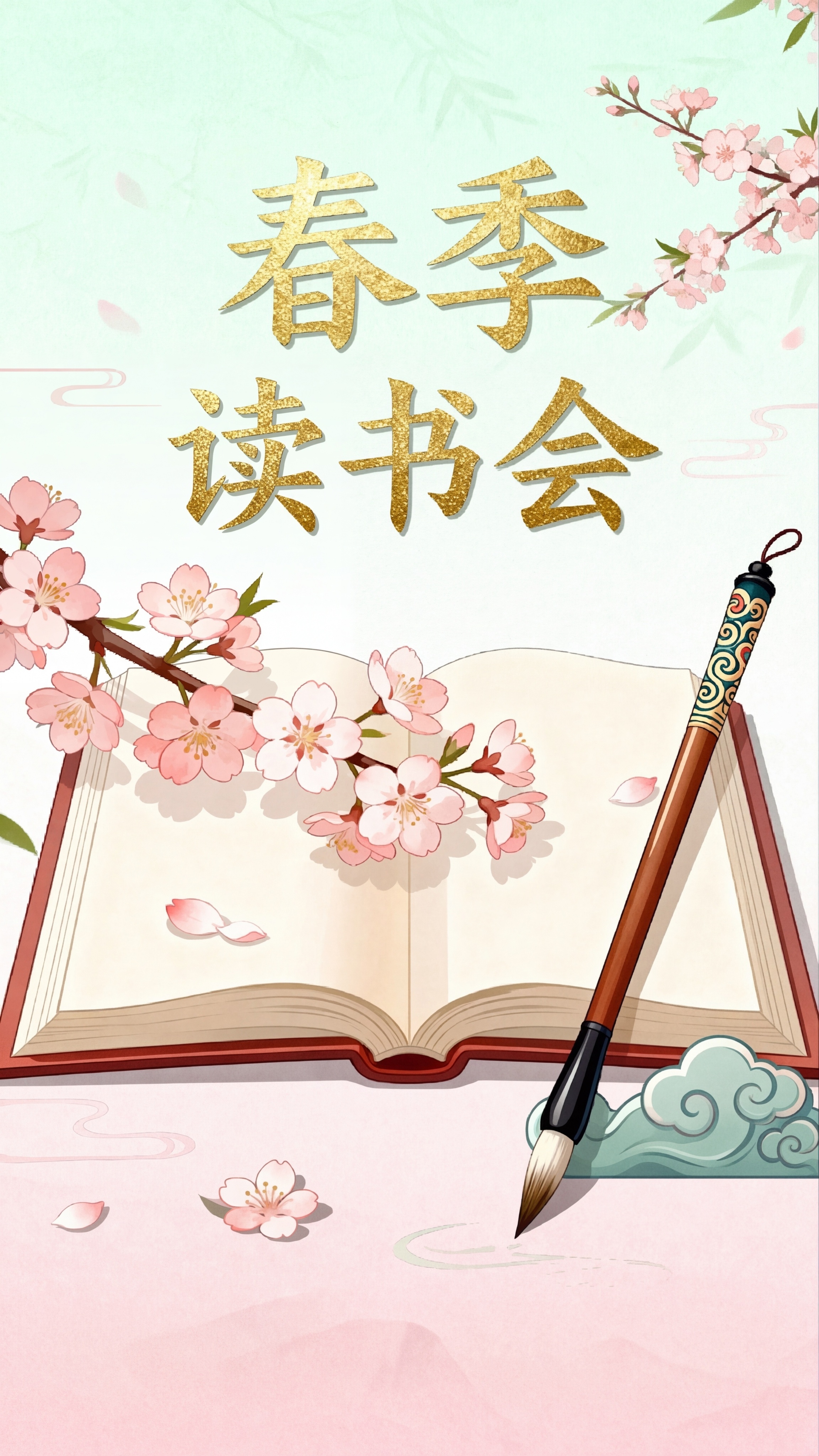 学校公众号宣传海报，主题春季读书会，国潮插画风格，包含书籍、樱… - 图片创意预览