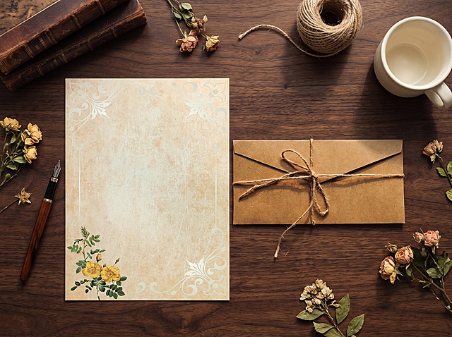 保持信纸和信封的外观样式和图案绝对不变，保持物理结构绝对不变，严禁扭曲变形。俯拍视角，放置在深棕色实木桌面上，左侧为信纸，右侧为信封，信封叠放着，整体自然摆放。左上角摆放复古书本，右上角放置一卷麻绳和一杯米白色咖啡杯，信纸旁放一只钢笔，点缀复古花艺。严格遵守物理空间关系，各物品之间严禁结构穿模、错误交叉或互相遮挡形变。商业摄影光影，柔和自然光，左侧轮廓光，整体通透。俯拍构图，信纸信封为主体。4K超清，清晰画质，保持4:3比例。变形, 扭曲, 悬空, 比例失调, 挤压,穿模