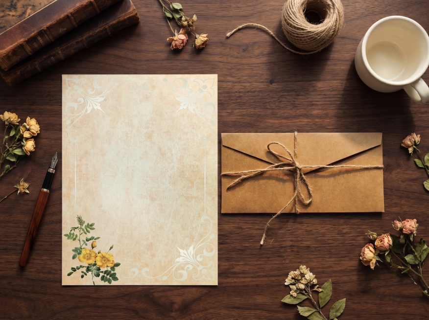 保持信纸和信封的外观样式和图案绝对不变，保持物理结构绝对不变，严禁扭曲变形。俯拍视角，放置在深棕色实木桌面上，左侧为信纸，右侧为信封，信封叠放着，整体自然摆放。左上角摆放复古书本，右上角放置一卷麻绳和预览效果
