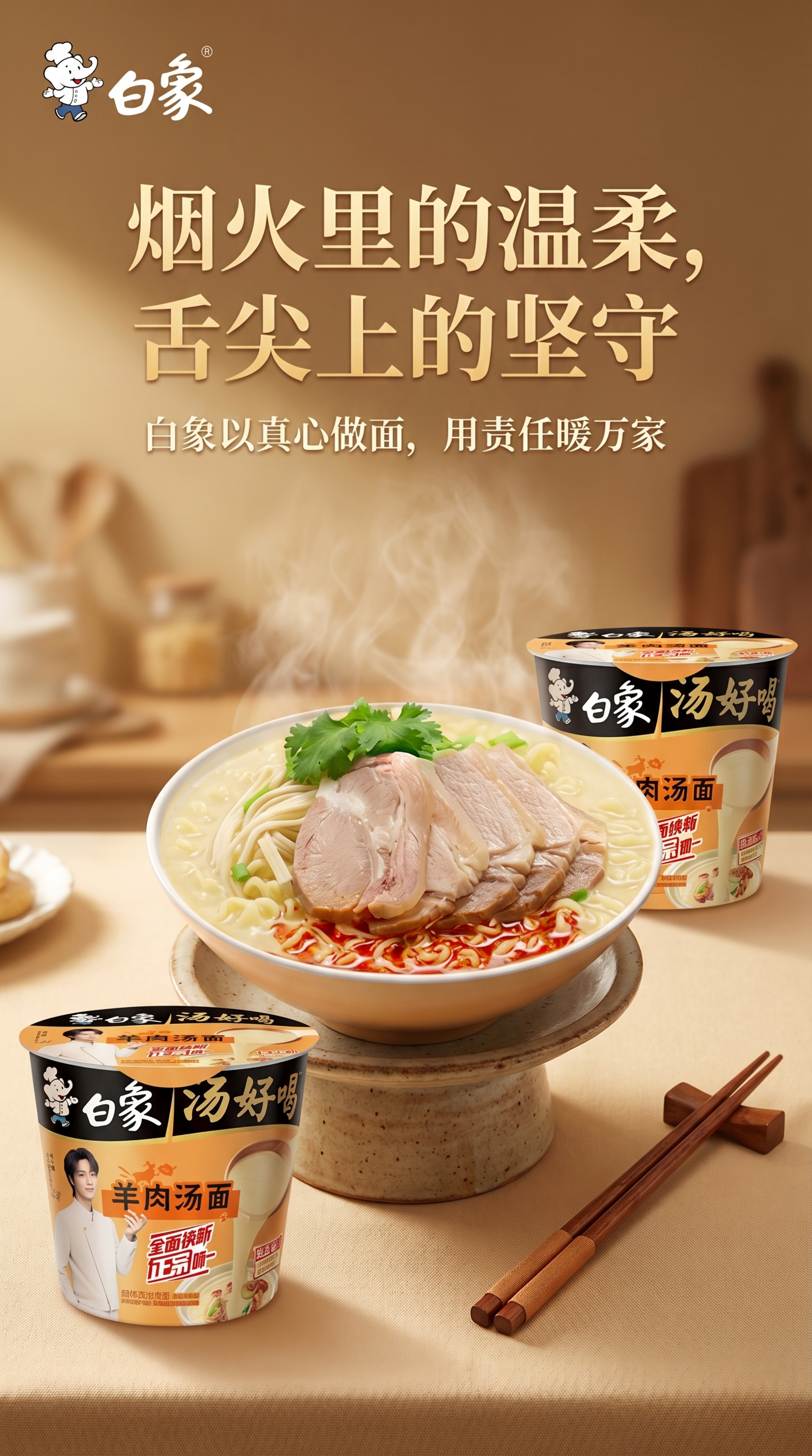 参考第二张图片的排版布局，将白象羊肉汤面产品放入设计中，顶部添… - 图片创意预览