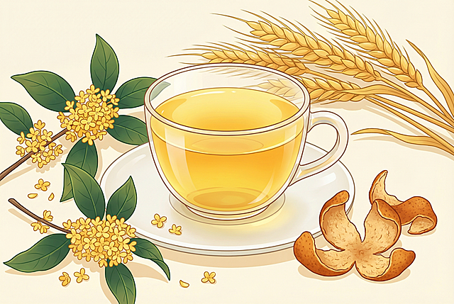 核心主体：一杯装在透明玻璃杯中的暖黄色液体茶饮或谷物饮品，放置在浅白色圆形瓷碟上，杯身通透有光泽，液体澄澈饱满，呈现温润质感。关键元素：杯旁点缀新鲜金桂花枝，簇状明黄色桂花搭配深绿叶片，散落细碎花瓣；右侧放置3-4片卷曲的陈皮，橙棕纹理清晰，质感干燥蓬松；背景搭配4-5支饱满金黄的麦穗，穗粒分明，线条舒展。构图与视角：中心对称构图，平视视角，主体居中，元素环绕分布，画面饱满协调，留白舒适。色彩色调：暖黄色系主调，搭配浅米白背景、深绿叶片、橙棕陈皮，整体色调温暖治愈，光影柔和，明暗过渡自然，营造秋日氛围感。画面风格：治愈系卡通插画风格，线条圆润流畅，色彩平涂加细腻渐变，质感通透，细节精致，无写实纹理，风格清新治愈，适合包装和插画使用。背景要素：纯色浅米黄渐变背景，无多余杂物，突出主体，干净简洁。其他要求：无人物、无文字，高清，细节丰富，光影柔和，画面干净，商业插画质感，可直接用于产品包装设计