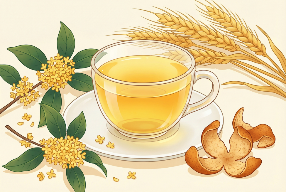 核心主体：一杯装在透明玻璃杯中的暖黄色液体茶饮或谷物饮品，放置在浅白色圆形瓷碟上，杯身通透有光泽，液体澄澈饱满，呈现温润质感。关键元素：杯旁点缀新鲜金桂花枝，簇状明黄色桂花搭配深绿叶片，散落细碎花瓣；预览效果