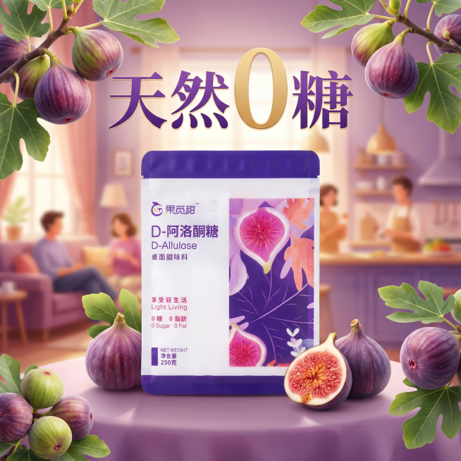 生成正方形产品宣传海报，中心放置果觅甜D-阿洛酮糖产品包装袋，保持产品原样不变。产品四周环绕无花果树和成熟新鲜无花果，背景是温馨家庭场景，虚化处理人物，添加文案"天然 0糖"，整体氛围温馨自然，延续产预览效果