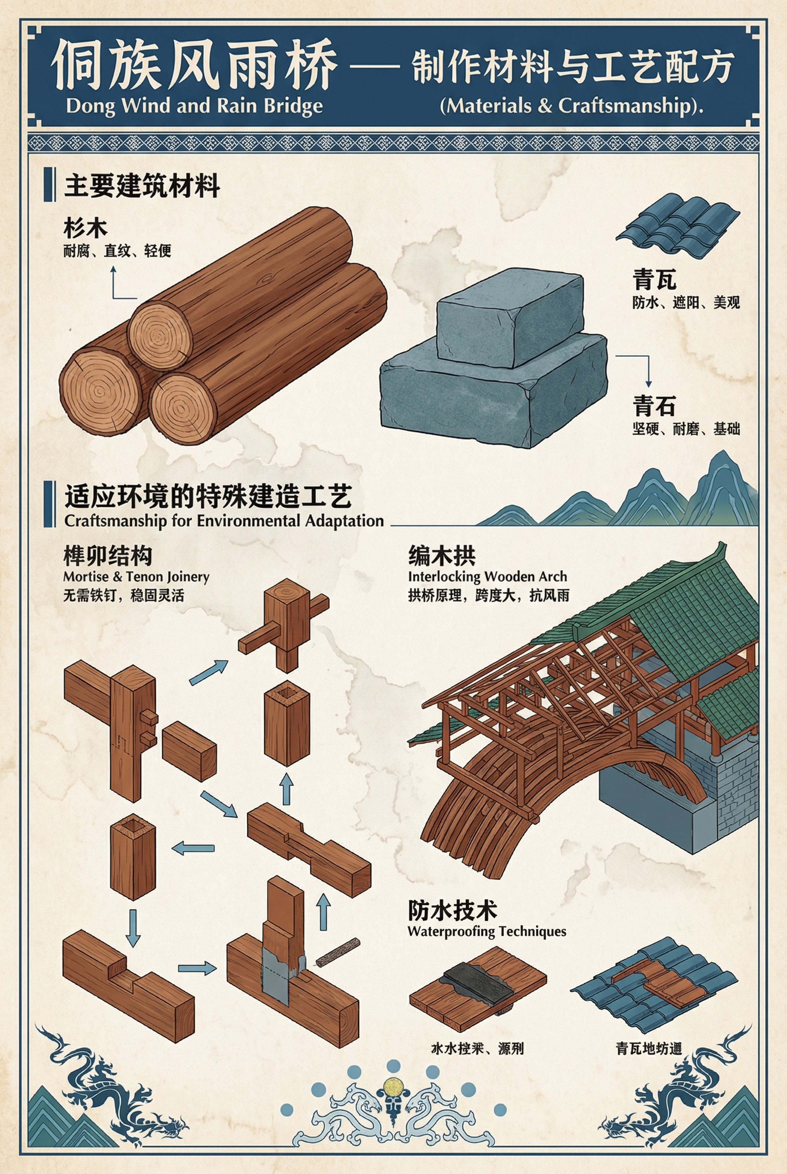 制作第二张A3大小的侗族风雨桥信息可视化展板，保持参考图复古精… - 图片创意预览