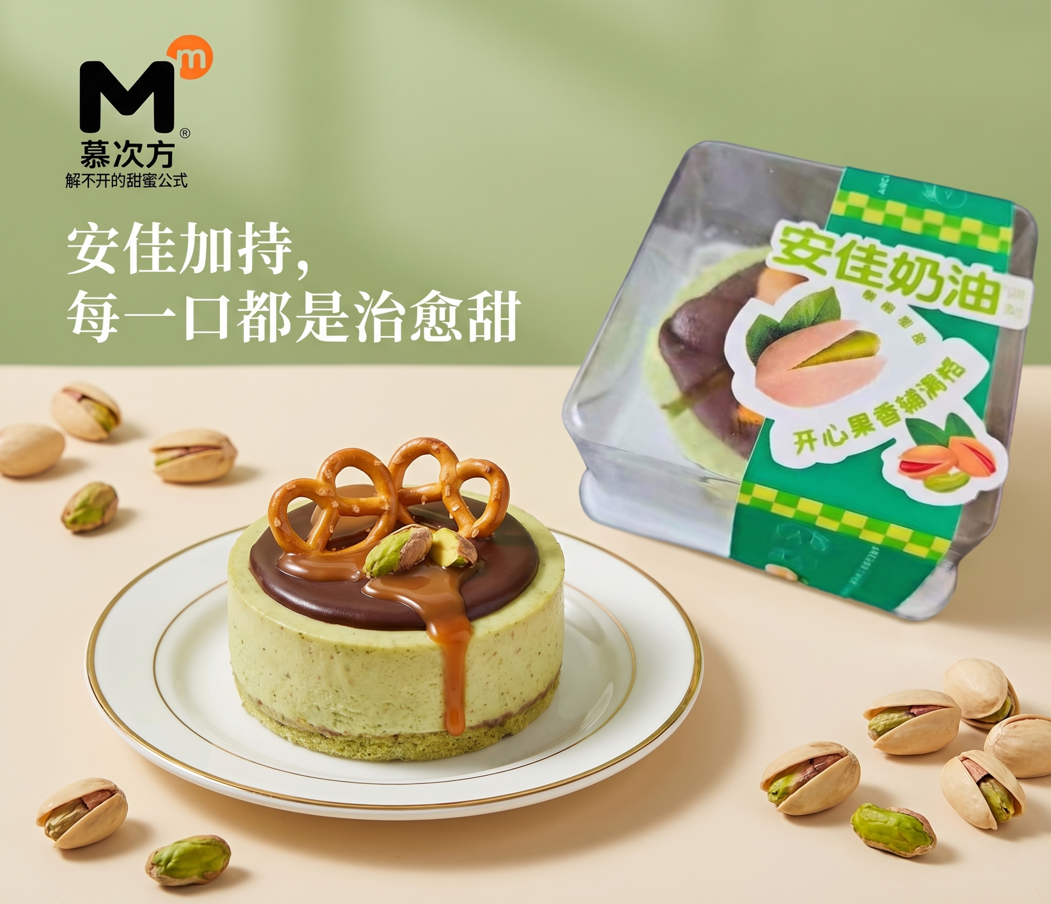 基于原图进行修改：1. 将盘子上的草莓蛋糕替换为图片2的开心果… - 图片创意预览