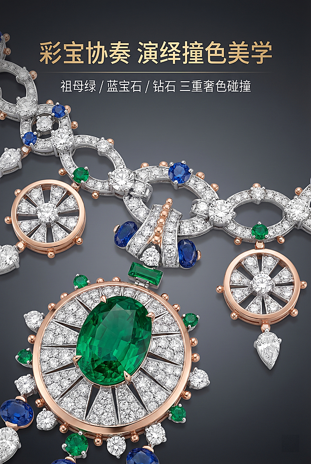 2:3竖版构图，珠宝微距摄影风格，纯产品展示图1项链的彩宝镶嵌细节，严格还原图1项链的彩宝镶嵌细节，聚焦蓝宝石、祖母绿配石、钻石的镶嵌工艺与色彩搭配，1:1还原宝石色彩、切割与金属抛光质感，无偏色和结构失真，不修改增减任何设计元素。场景为深灰色渐变背景，微距布光侧光加顶部柔光，打造均匀柔和光线，突出不同宝石色彩对比与璀璨质感，背景无杂物干扰，聚焦彩宝镶嵌细节，清晰呈现双色金属细腻工艺与宝石排列设计。杂志风排版设计，顶部居中放置加粗高级无衬线金色主标题"彩宝协奏 演绎撞色美学"，主标题下方放置细体无衬线白色副标题"祖母绿 / 蓝宝石 / 钻石 三重奢色碰撞"，副标题不遮挡彩宝主体，整体排版干净大气，突出彩宝搭配美感与工艺细节。参考图片：https://gdesign-dam-hz.dancf.com/36192942971930785/f9489870cab640fda9cdc1c9a2ac6043.jpg