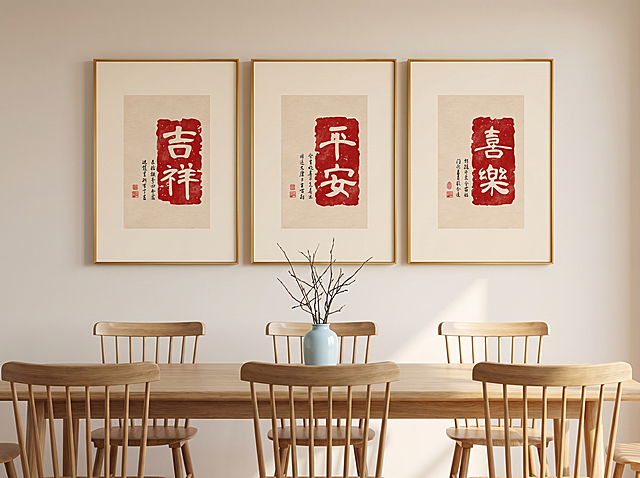 保留原三联装饰画的内容、文字、色彩和框体完全不变，将背景替换为原木风餐厅场景，保持物理结构绝对不变，放置在餐桌后方墙面上，背景是浅米色墙面，搭配原木餐桌和木质靠背椅，餐桌上点缀浅蓝色陶瓷花瓶和枯枝，自然暖光氛围，平视居中构图，商业级4K画质，画面通透，严格锁定宽高比为16:12