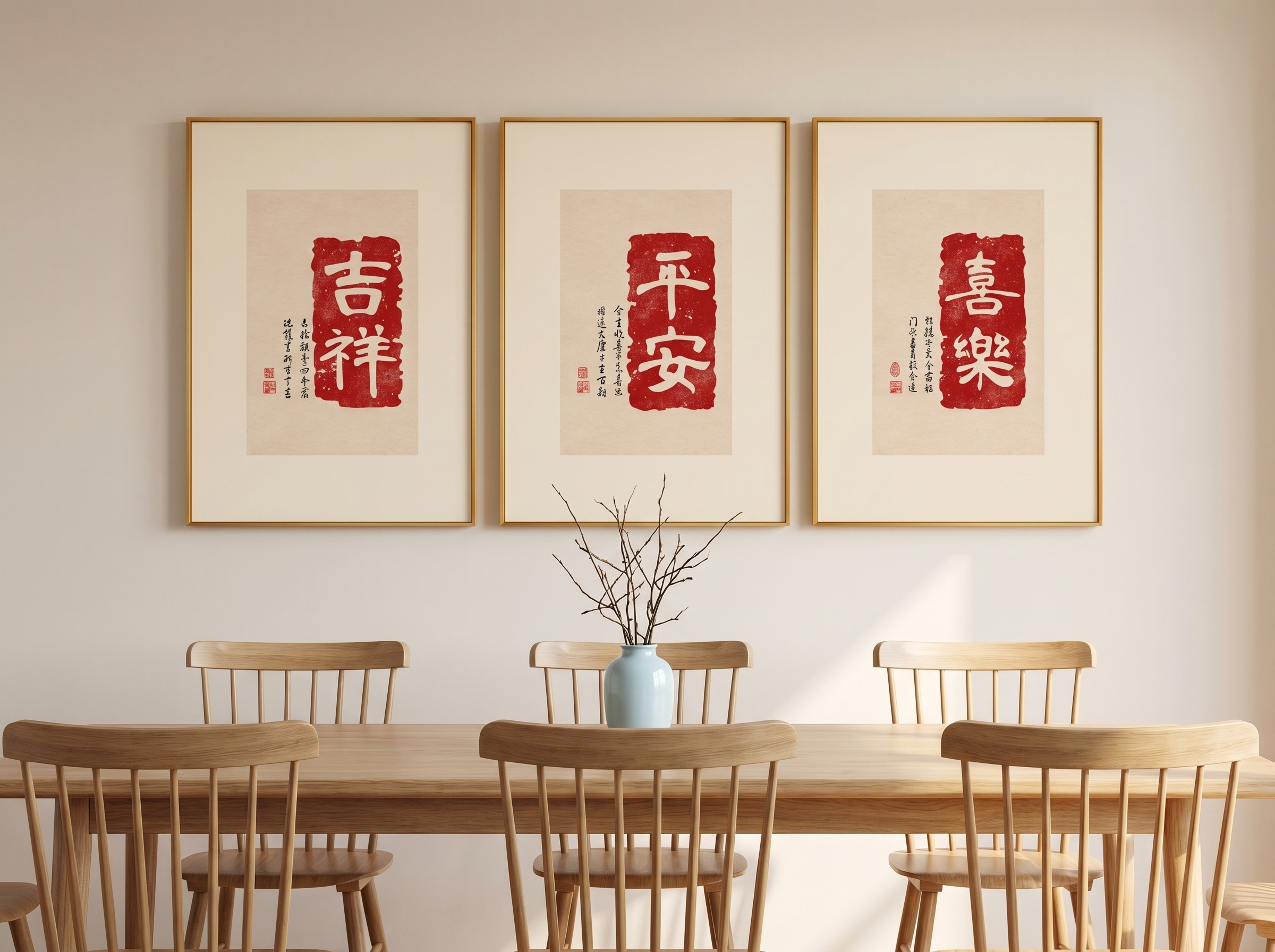 保留原三联装饰画的内容、文字、色彩和框体完全不变，将背景替换为… - 图片创意预览
