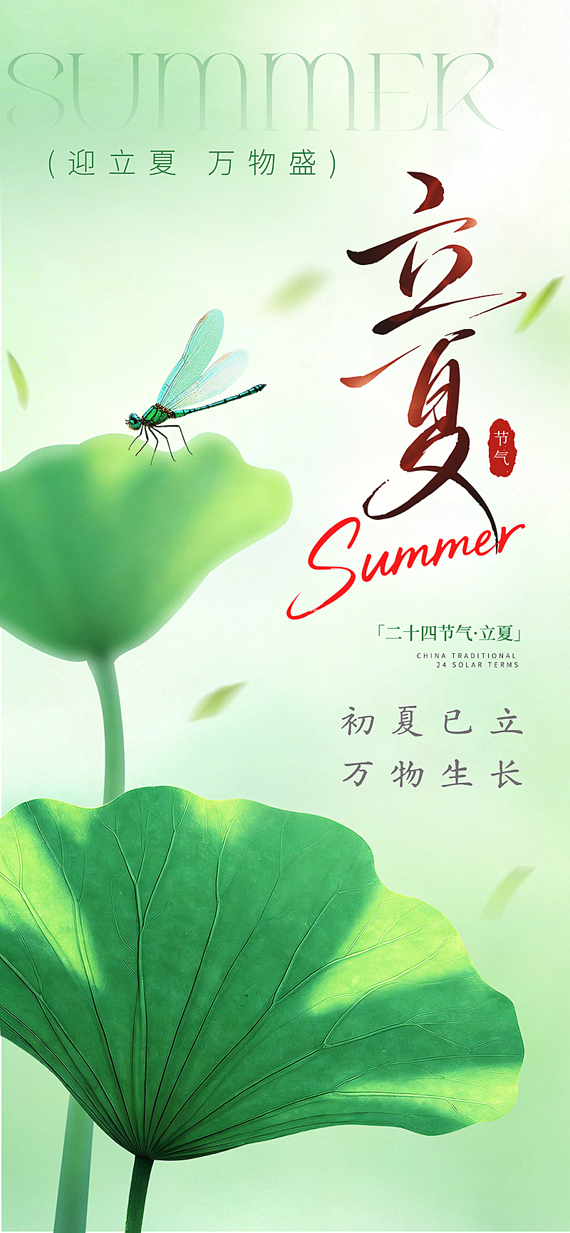 绿色立夏节气祝福全屏竖版海报