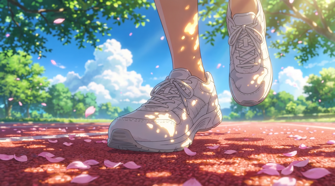 在原有新海诚风格基础上，改为特写视角：白色运动鞋踩在落满粉色花瓣的红色塑胶跑道上，保持高饱和度蓝天绿树背景，阳光透过树叶缝隙洒下耀眼光斑，色彩通透，光影极美，治愈系动漫风格，细节丰富，保持16:9构图预览效果