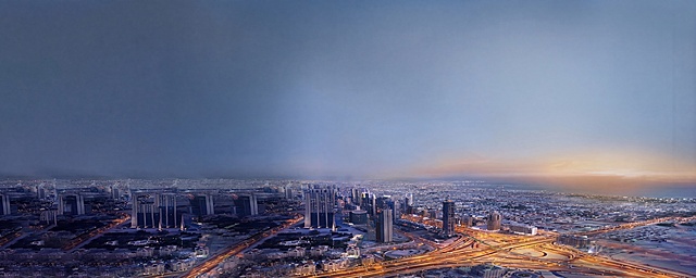 移除图中右侧的大型风力发电机大风车，保留原本的城市全景和天空背景，保持原有风格和色调一致