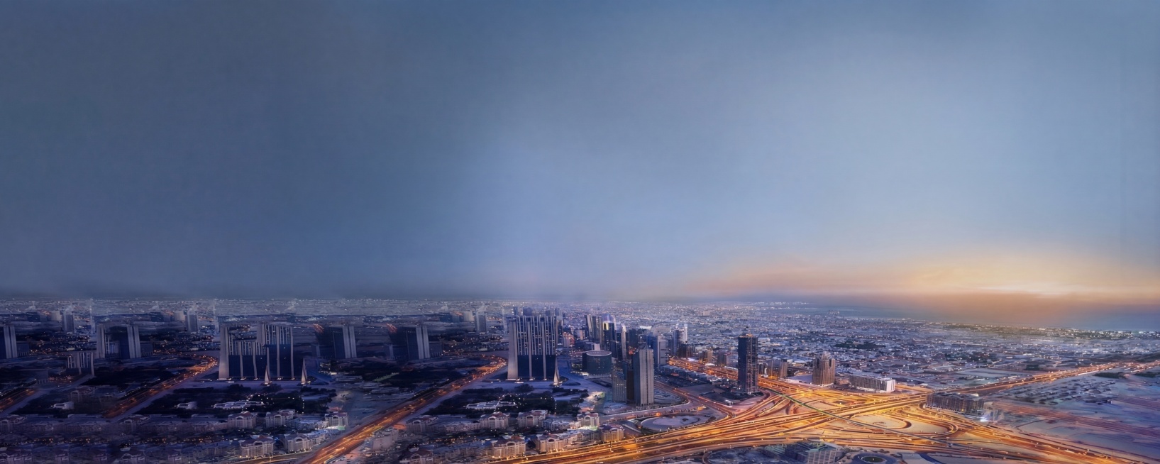 移除图中右侧的大型风力发电机大风车，保留原本的城市全景和天空背景，保持原有风格和色调一致预览效果