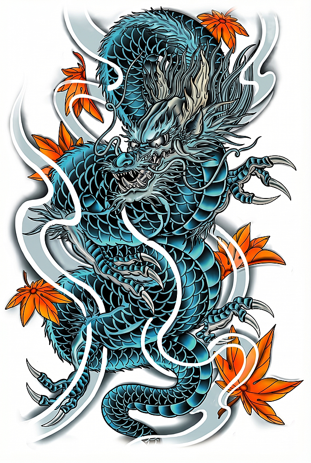 将中国龙纹身线稿渲染为高饱和度鲜艳彩色：龙鳞片填充为黑色渐变深青色，龙须龙角浅灰色，爪子灰白色，云雾做浅灰白色半透明，枫叶全部渲染为橙红色渐变金黄色；去掉左下角文字"TBS-8269"和右下角logo，保留竖向构图，纯白色背景，增加立体感，色彩浓郁对比强烈，符合传统中国龙纹身风格，保留所有细节线条
