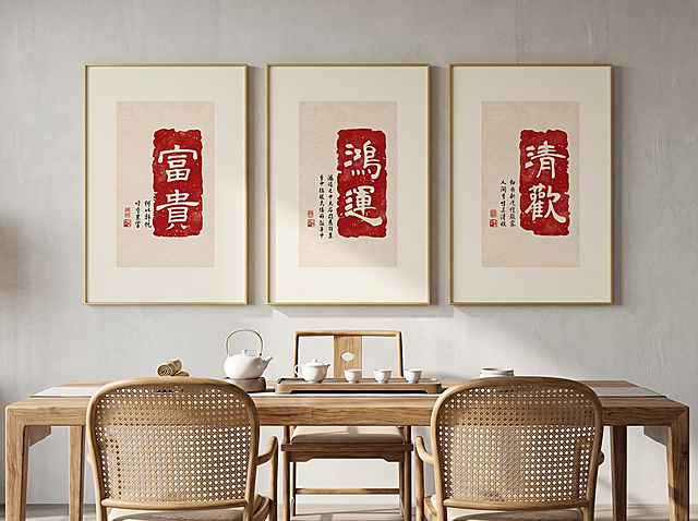 保留原三联装饰画的内容、文字、色彩和框体完全不变，将背景替换为新中式茶空间场景，保持物理结构绝对不变，放置在茶桌后方墙面上，背景是浅灰色墙面，搭配原木茶桌和藤编茶椅，茶桌上摆放白瓷茶具，自然柔和光影，平视居中构图，商业级4K画质，画面通透，严格锁定宽高比为16:12