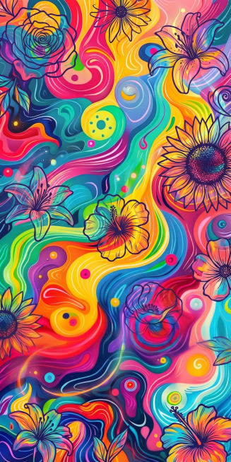将原图的流动漩涡抽象风格转化为花朵剪影主题，保留原图鲜艳丰富的彩虹撞色配色（如粉红、亮黄、青蓝、紫、橙等）与流体线条质感；花朵剪影以轮廓形式呈现，内部填充流动渐变色块，整体仍保持迷幻、梦幻、高饱和度的预览效果