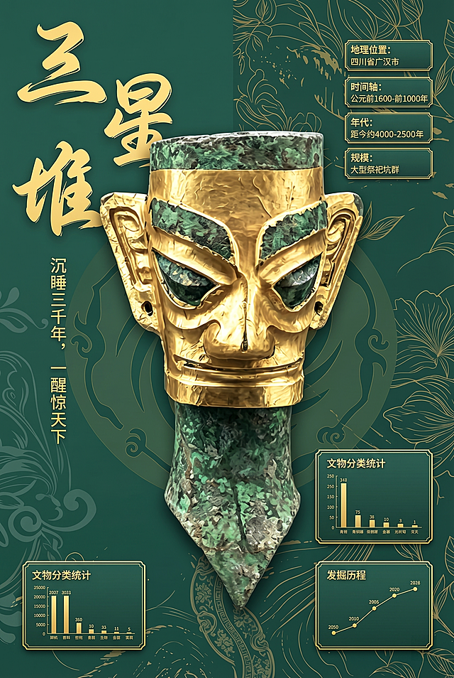 A3 vertical Sanxingdui cultural poster, traditional Chinese style, ink green background with gold decoration. Center the uploaded golden mask bronze head, keep original texture. Left top: large golden calligraphy '三星堆', subtitle '沉睡三千年，一醒惊天下'. Add golden border info cards on right/bottom with location, timeline, age, scale, relic data, plus 2 golden info charts. Decorate with traditional Sanxingdui patterns, unified ink green+gold+bronze green color, clear hierarchy, no blocked elements, high detail 8K, printable quality. Negative prompt: low quality, blurry, distorted.