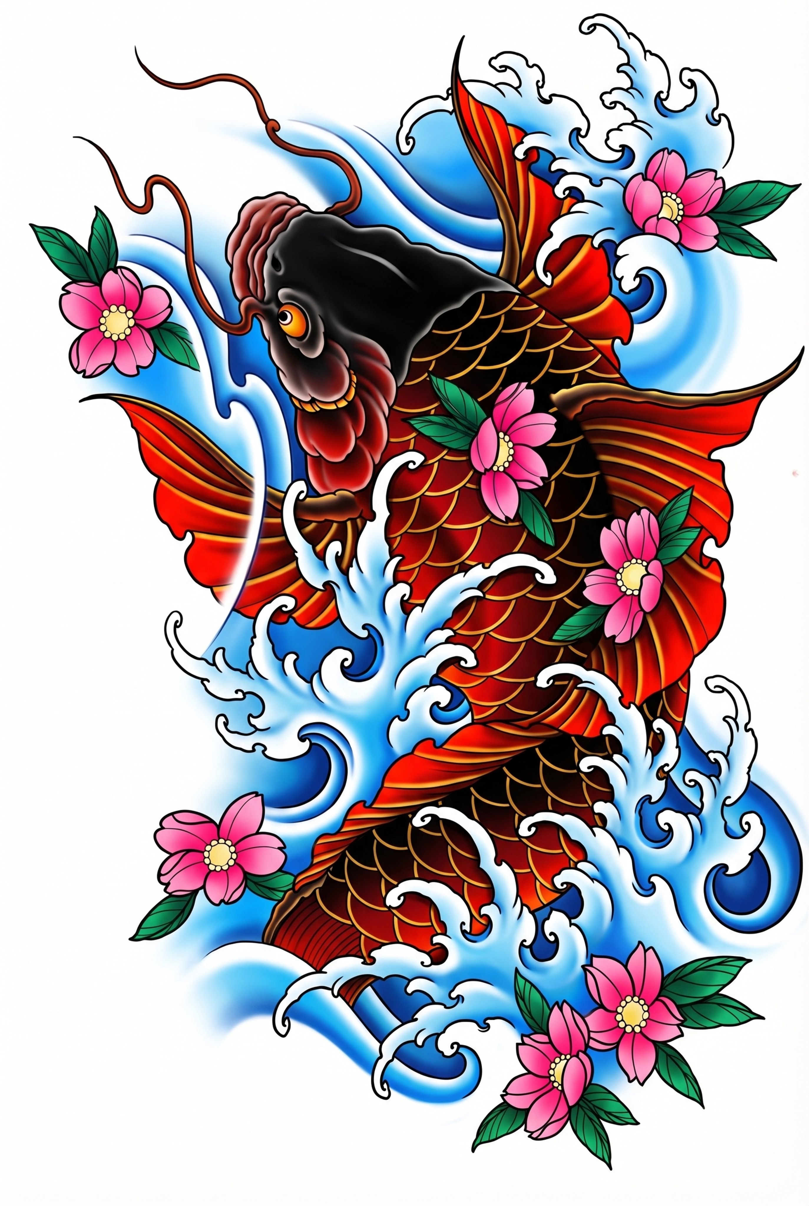 给锦鲤纹身线稿填充高饱和度鲜艳彩色：锦鲤主体鳞片为纯黑色渐变到… - 图片创意预览