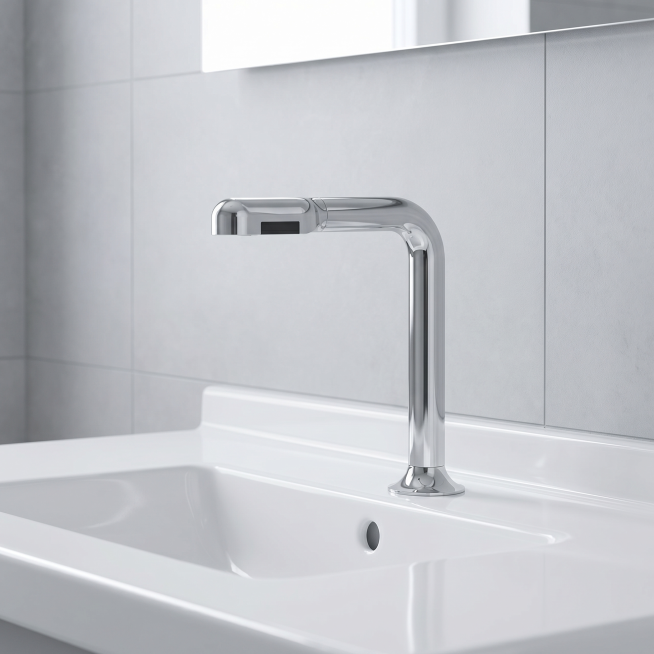 保持感应龙头产品本身的外观、结构和材质完全不变，放置在现代化医院卫生间的洗手台场景中。卫生间为干净明亮的浅灰色瓷砖墙面，白色陶瓷洗手盆，整体环境整洁卫生，符合医疗场所卫生要求。采用全屋漫射柔光，低对比预览效果