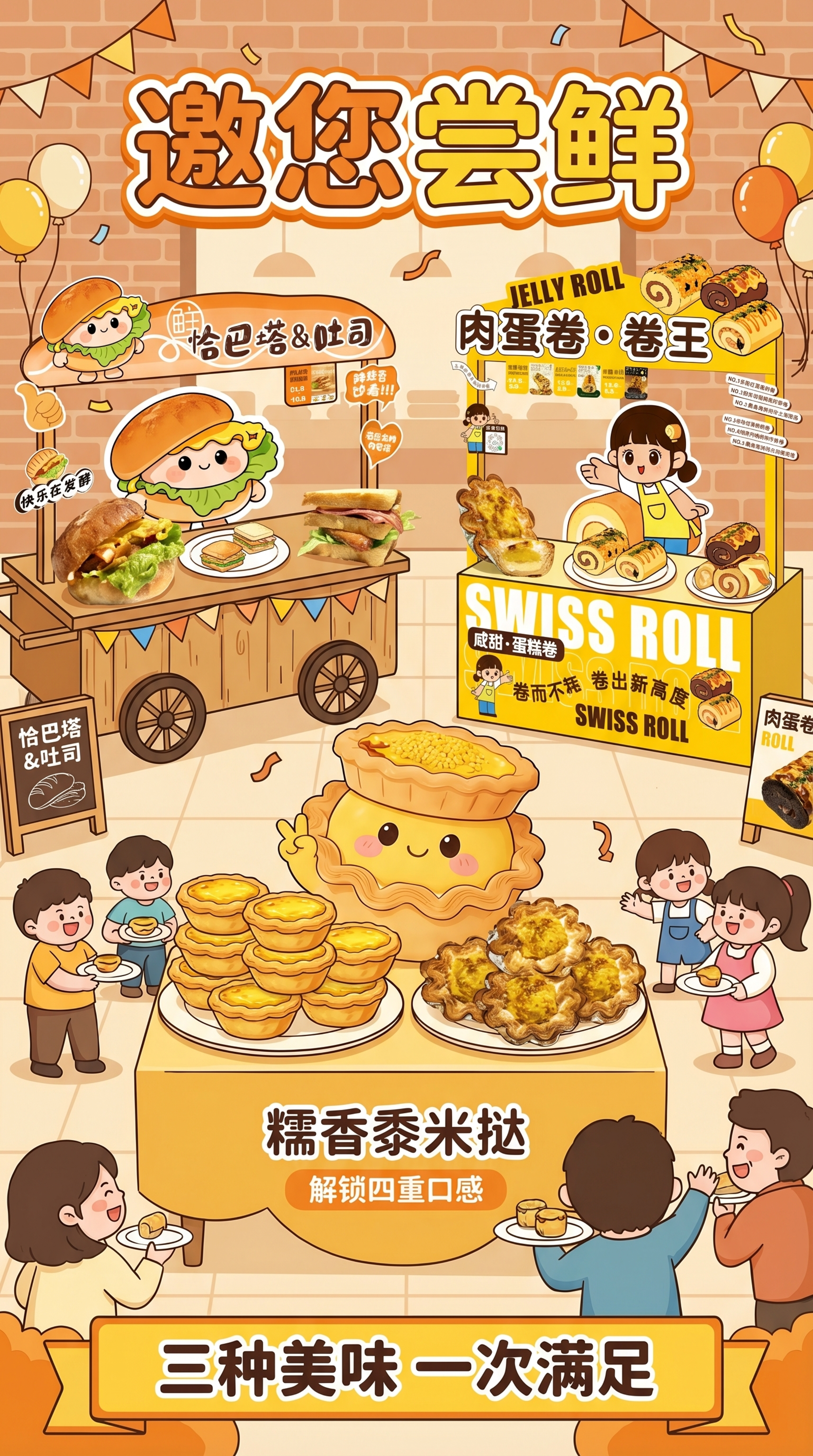 烘焙门店现场试吃宣传海报，画面中同时包含恰巴塔吐司、糯香黍米挞… - 图片创意预览