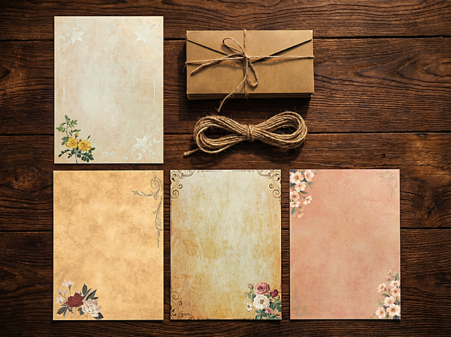 俯视角度拍摄，信纸套装摆放在深棕实木桌面，信封叠放着，信封旁边放着一捆麻绳，保持信纸的位置不变，暖调复古胶片色彩，4k高清