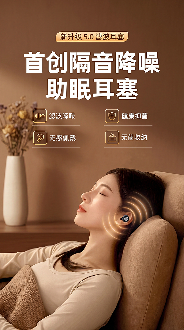 产品：一对黑色硅胶隔音助眠耳塞，前端为银色金属出音面，三段式硅胶结构，保持产品物理结构绝对不变，严禁扭曲拉伸改变形态。参考参考图的构图和文案排版，生成9:16竖幅画面，女性斜靠在沙发上，闭着眼睛休息，产品正确佩戴在女性耳朵上，保留文案排版：顶部金色圆角标签写"新升级5.0 滤波耳塞"，主标题大字"首创隔音降噪 助眠耳塞"，然后四个卖点模块：左上滤波降噪，右上健康抑菌，左下无感佩戴，右下无菌收纳。暖棕色温馨家居色调，和参考图一致的色调。柔和全屋漫射柔光，产品受光面泛起暖棕色调，暗部及边缘映射深棕色的环境光晕。绝对禁止纯白高光，彻底物理融合。东亚女性面孔，黑发白皙，姿态松弛慵懒。微侧视角调整，背景花瓶替换成米白色陶瓷瓶干花，背景墙面做细节重构，保持整体风格一致。严格保持文案排版和参考图一致，相似度90%。严格锁定宽高比9:16，4K分辨率。