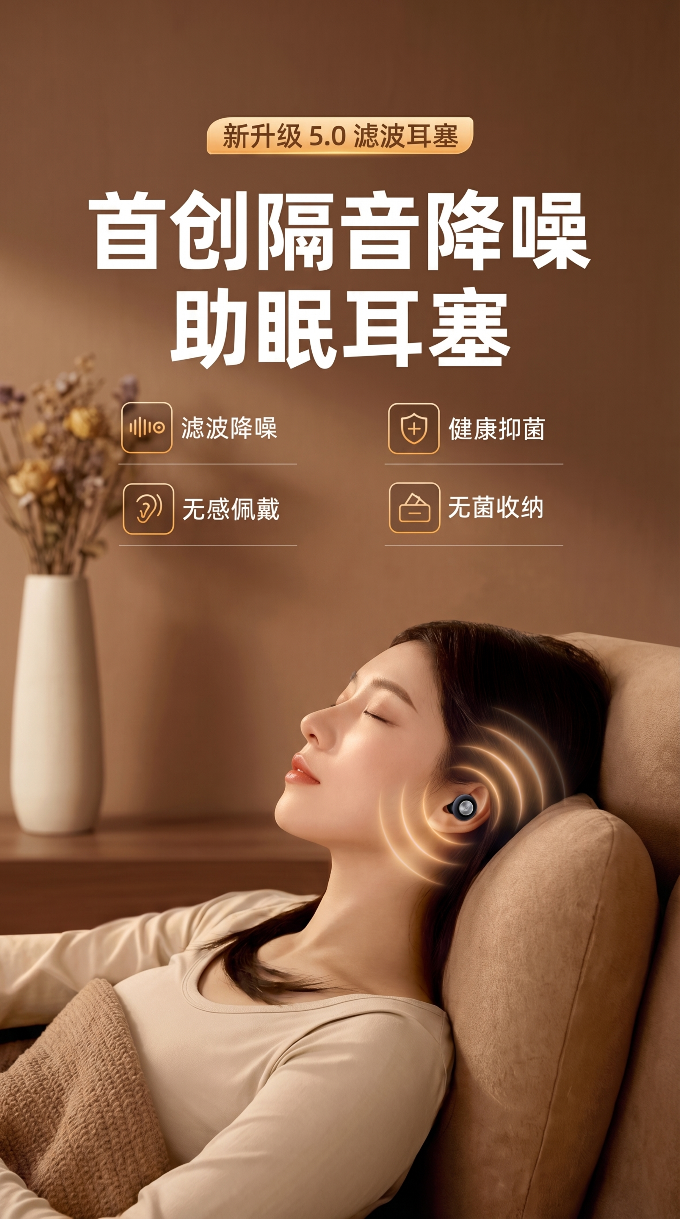产品：一对黑色硅胶隔音助眠耳塞，前端为银色金属出音面，三段式硅… - 图片创意预览