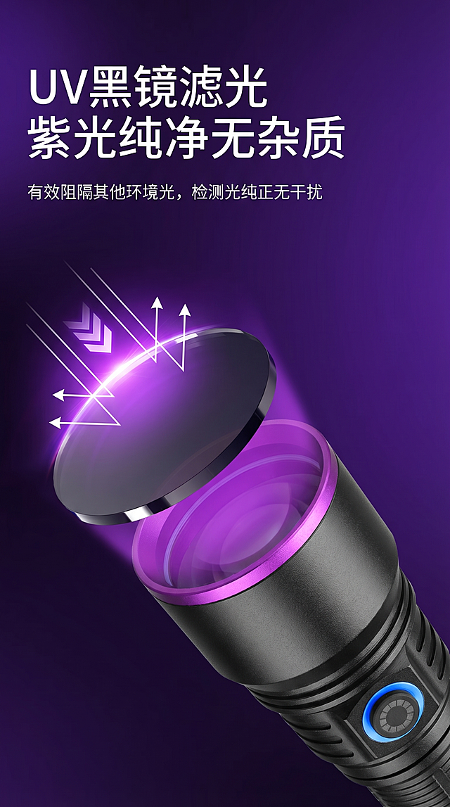 将原图中的手电筒替换成图二中的黑色紫圈手电筒，保留原海报的紫色背景、文字内容'UV黑镜滤光 紫光纯净无杂质 有效阻隔其他环境光，检测光纯正无干扰'和滤光黑镜的展示效果，保持整体风格一致，最终尺寸比例为9:16