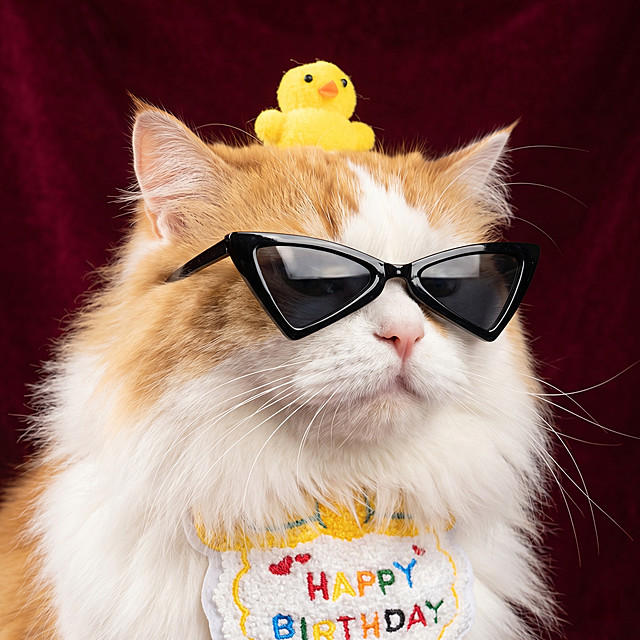 基于图中的小猫，给小猫戴上三角形黑色墨镜，背景使用深灰色或酒红色绒布垫底，绒面吸收杂光，突出猫咪毛发和眼镜边框的光泽，相似度50%，图片比例1:1，画质4K