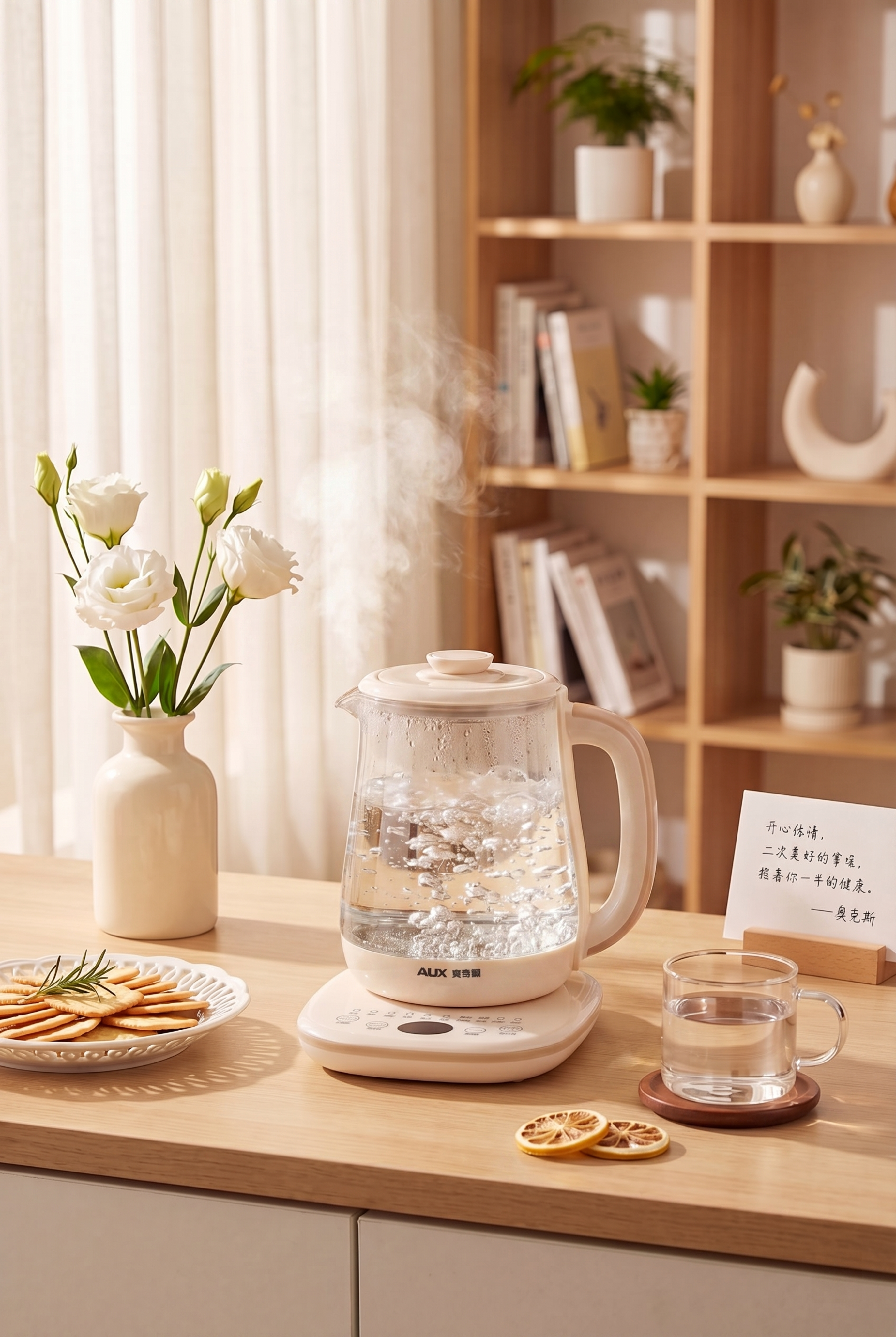 将养生壶里的茶水换成正在沸腾的透明清水，保持画面其他元素和整体… - 图片创意预览