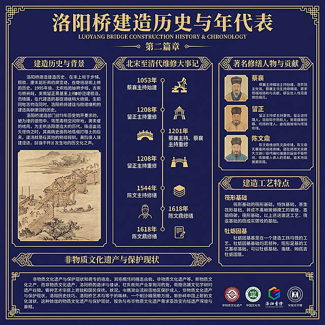 延续参考风格，生成洛阳桥系列信息介绍图第二张，主题为洛阳桥建造历史与年代表，深蓝色调，模块清晰排版，借鉴参考图的优秀版式设计