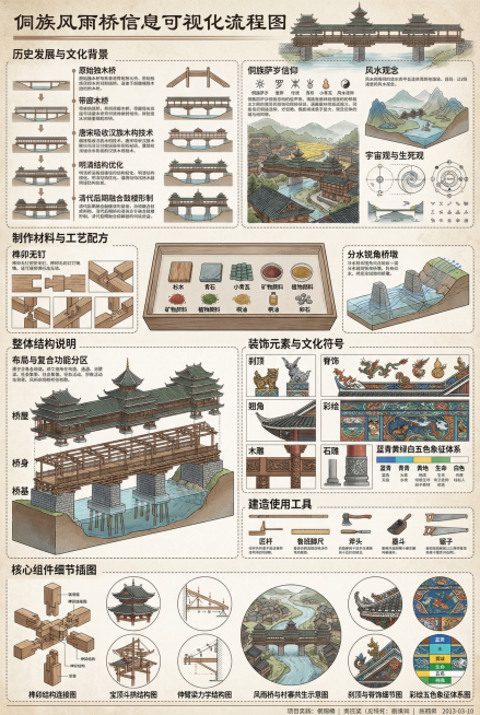 制作一张A3大小的侗族风雨桥信息可视化流程图展板，保持参考图复古精致高信息密度的图解风格，排版参考示例图，所有文字为专业中文知识解析，使用杉木棕、青瓦绿、朱砂红、稻田金、侗蓝与青灰色为主色调。展板包含预览效果