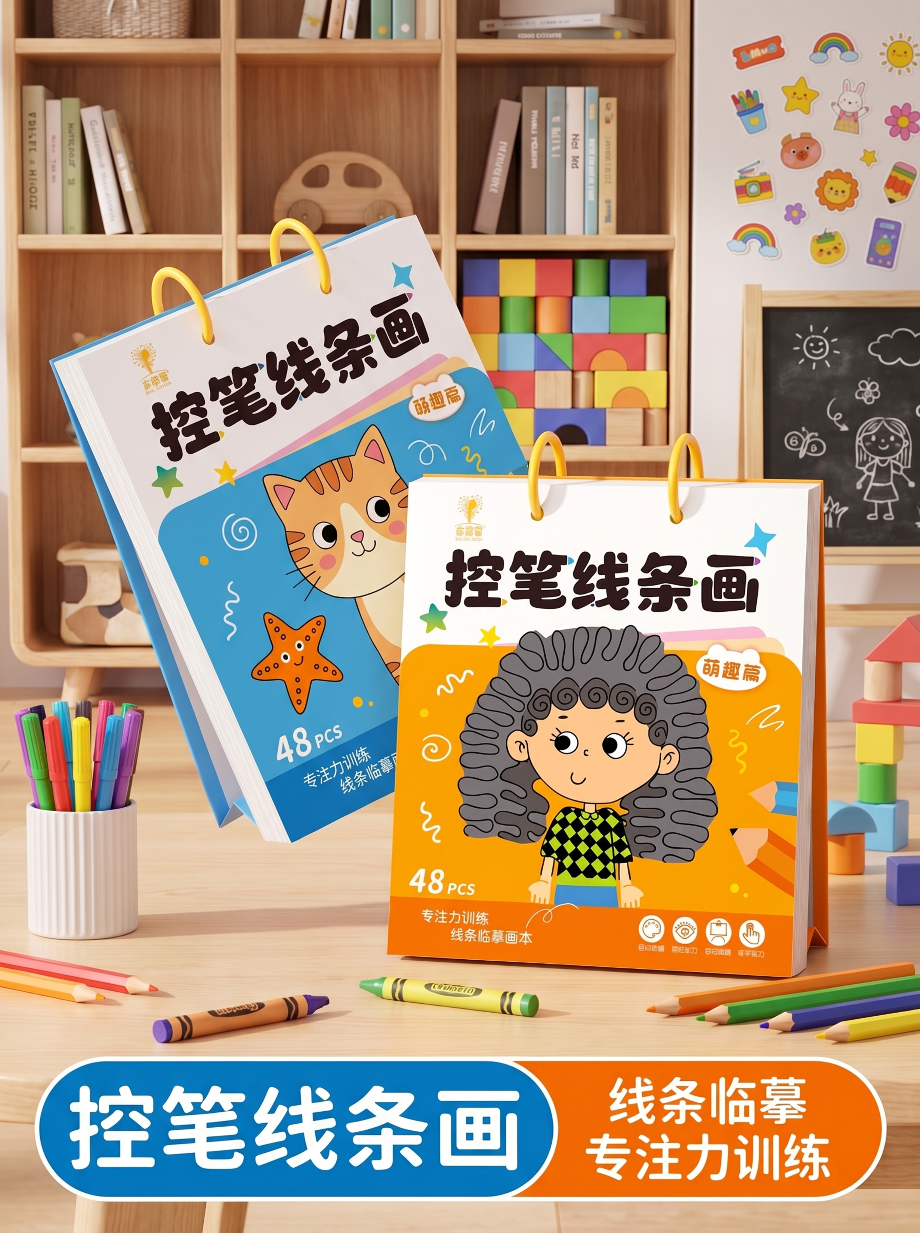将两本控笔线条画绘本以新角度摆放（如轻微倾斜、错落叠放），突出… - 图片创意预览