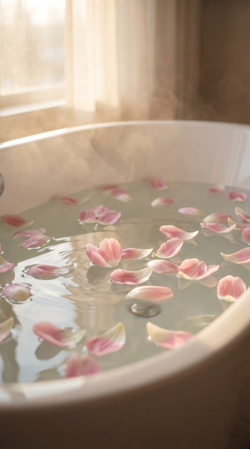 A professional 9:16 cinematic close-up shot of a luxurious bathtub scene. Crystal clear warm water f预览效果