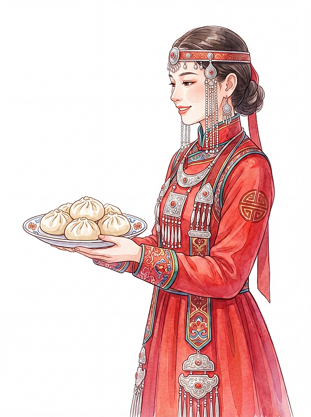 根据参考图的水彩插画风格，生成一张布里亚特族少女人物插画，布里亚特族少女侧身优雅站姿，面容温婉，身着正红色布里亚特传统民族服饰，搭配民族纹样装饰与银质配饰，双手轻托绘有民族花纹的白瓷盘，盘内摆放饱满包子，线条干净流畅，色彩明亮通透，细节精致写实，纯白色极简背景，无多余元素，超清分辨率，光影柔和