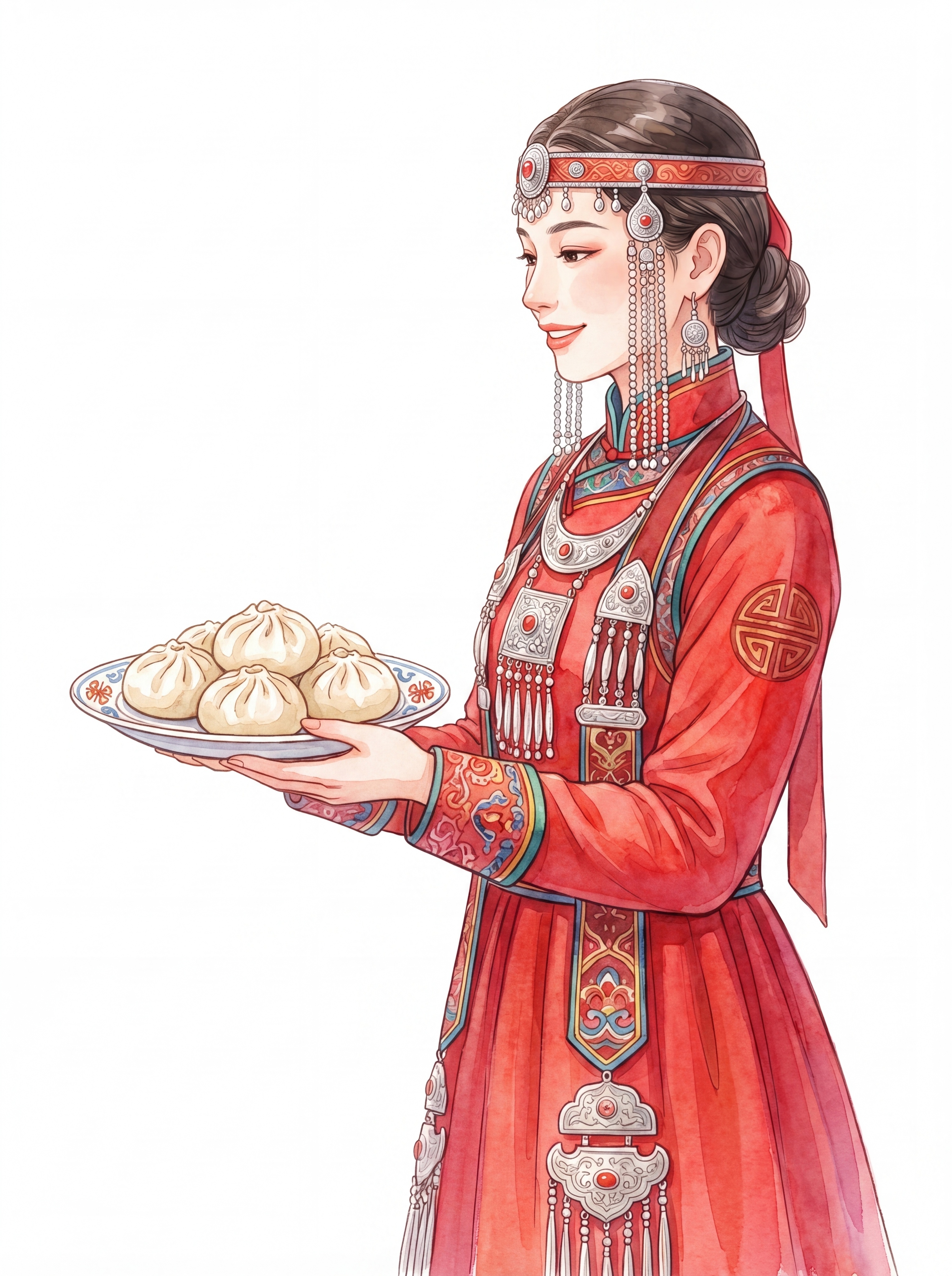 根据参考图的水彩插画风格，生成一张布里亚特族少女人物插画，布里… - 图片创意预览