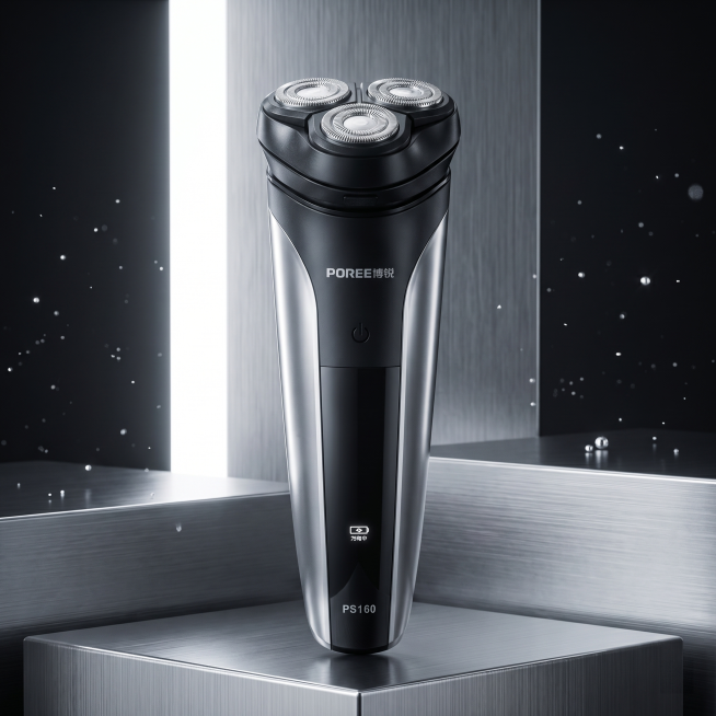 保持产品为黑银配色博锐剃须刀，物理结构绝对不变，保持POREE博锐、PS160文字和Logo原样，按键外形严禁扭曲变形。居中构图，主体占画面70%，平稳放置在拉丝金属台面上，拒绝比例失调。拉丝金属几何预览效果