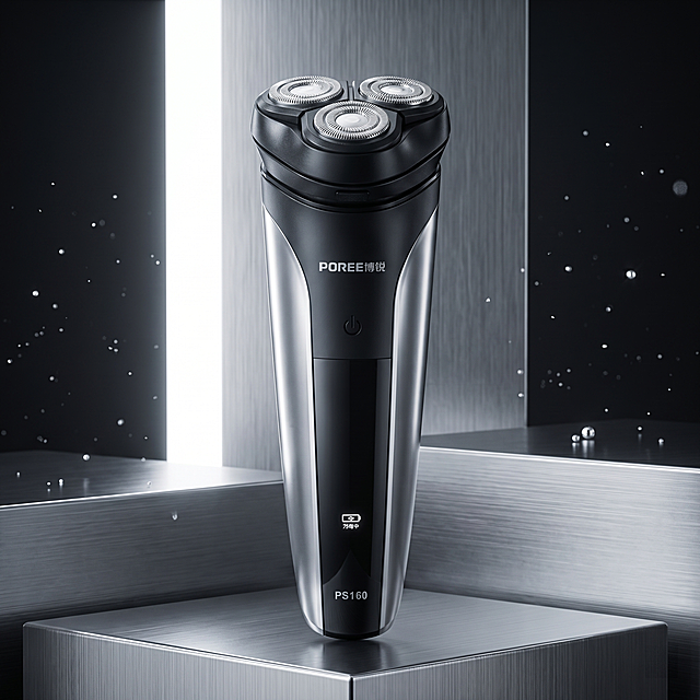 保持产品为黑银配色博锐剃须刀，物理结构绝对不变，保持POREE博锐、PS160文字和Logo原样，按键外形严禁扭曲变形。居中构图，主体占画面70%，平稳放置在拉丝金属台面上，拒绝比例失调。拉丝金属几何展台背景，深色科技极简空间，拉开景深。高对比冷白硬光，左侧打入，清晰勾勒产品轮廓光。悬浮发光粒子增添科技感，点缀细小银色反光作为高光点缀，保持整体风格简约高级。商业3C摄影，8K分辨率，极高保真渲染，极致材质细节，画面干净通透。严格锁定宽高比为1:1。
