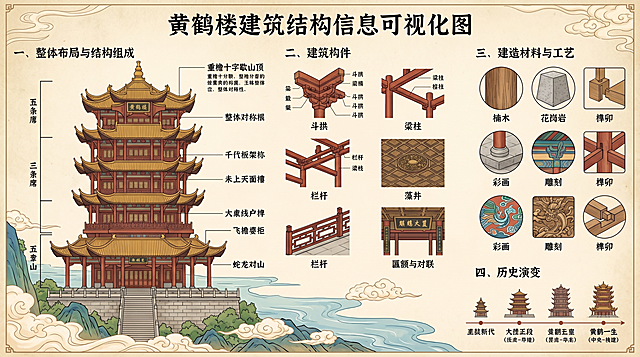 黄鹤楼建筑结构信息可视化图，延续参考模板的图解风格，详细展示黄鹤楼整体布局、结构组成、建筑构件、建造材料和传统工艺，信息清晰排版美观，国风古典风格