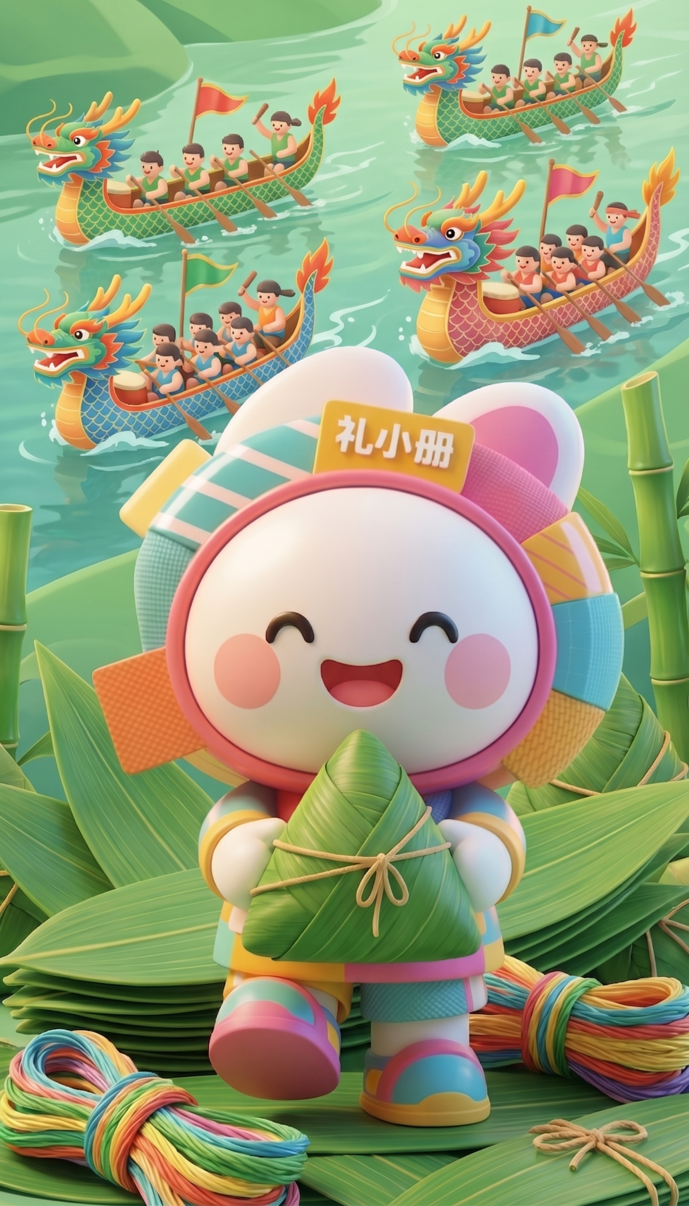 礼小册手持一个青绿色粽子，面带微笑，背景为龙舟竞渡场景（多艘彩… - 图片创意预览