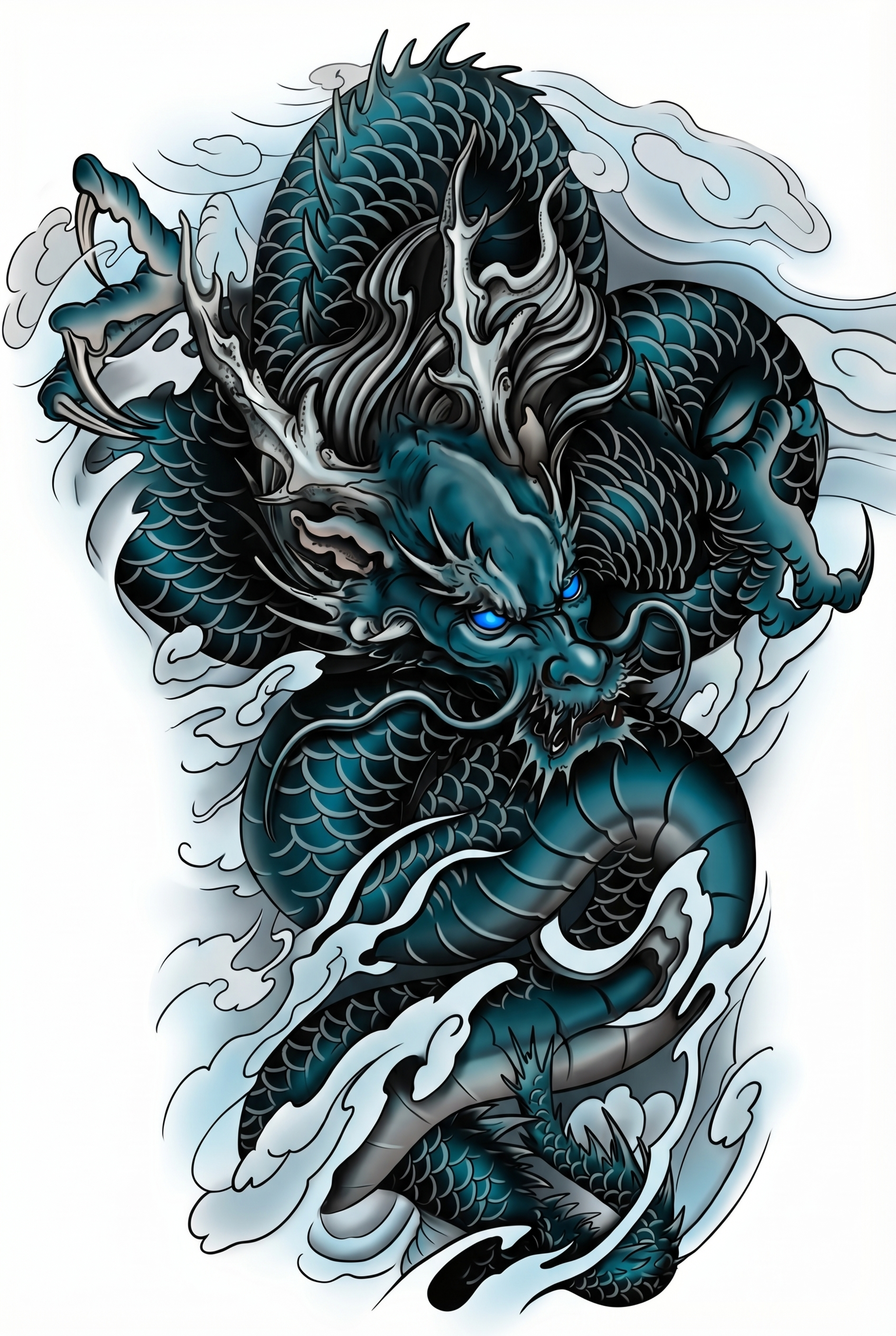 将中国龙纹身线稿渲染为高饱和度鲜艳彩色：龙鳞片做墨黑色渐变到深… - 图片创意预览
