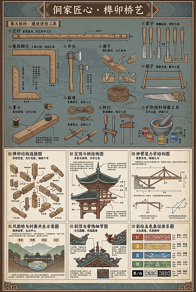制作第五张A3大小的侗族风雨桥信息可视化展板，保持参考图复古精致高信息密度的图解风格，排版参考示例图，使用杉木棕、青瓦绿、朱砂红、稻田金、侗蓝与青灰色为主色调，第五张包含第五板块：建造使用工具，描绘匠杆、鲁班脚尺、斧头、凿子、锯子、墨斗、麻绳、抓钉、矿物颜料研磨工具等传统建造工具，以及包含六组核心组件细节插图：榫卯结构连接图、宝顶斗拱结构图、伸臂梁力学结构图、风雨桥与村寨共生示意图、刹顶与脊饰细节图、彩绘五色象征体系图，每组插图均有详细图解和标注，所有文字为专业中文知识解析。