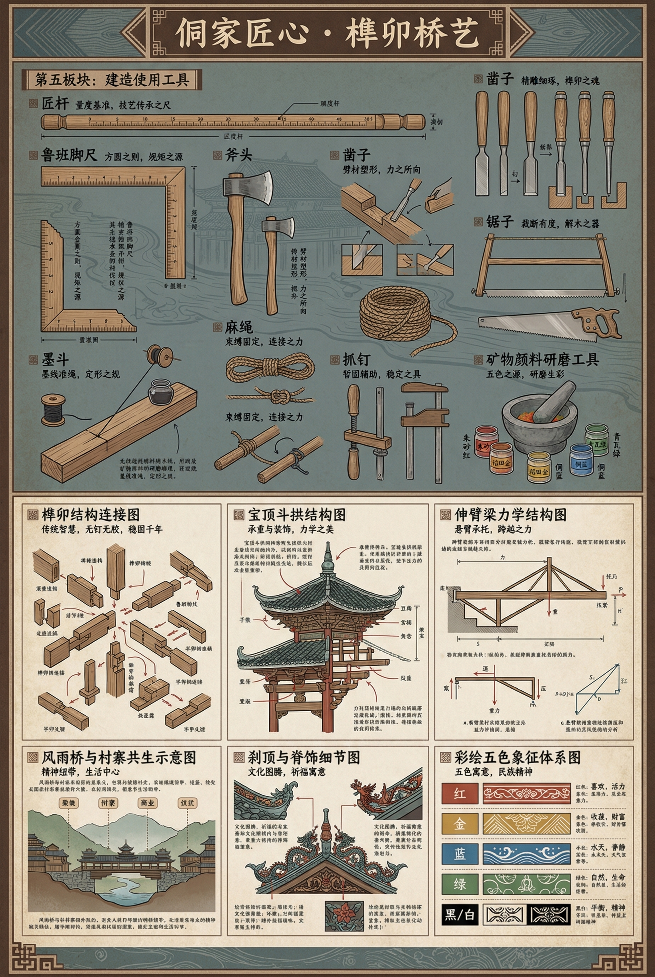 制作第五张A3大小的侗族风雨桥信息可视化展板，保持参考图复古精… - 图片创意预览