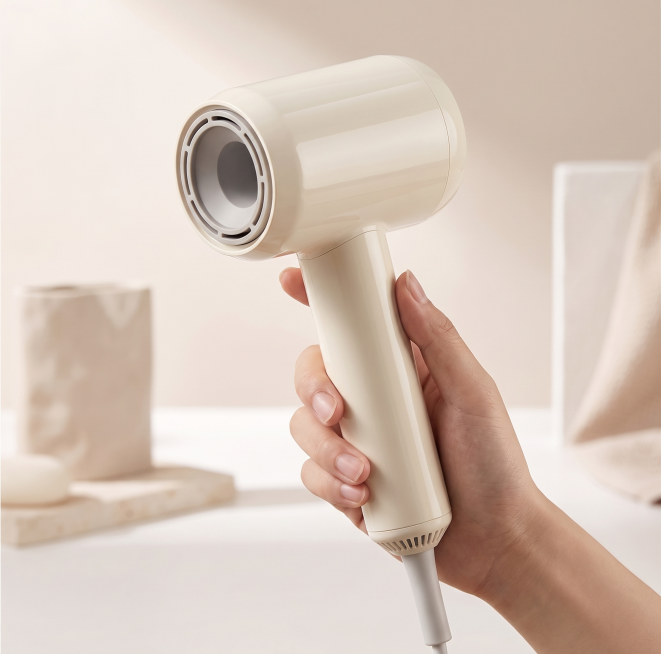 生成一张米白色高速吹风机的电商详情展示图，保留产品主体，更换为干净简约的电商场景背景，产品清晰突出，光影柔和，适合商品详情页使用预览效果
