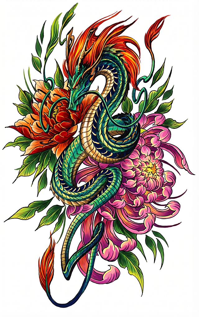 将线稿龙和花卉渲染成艳丽的彩色，保留纯白色背景，保持原图构图和所有元素不变