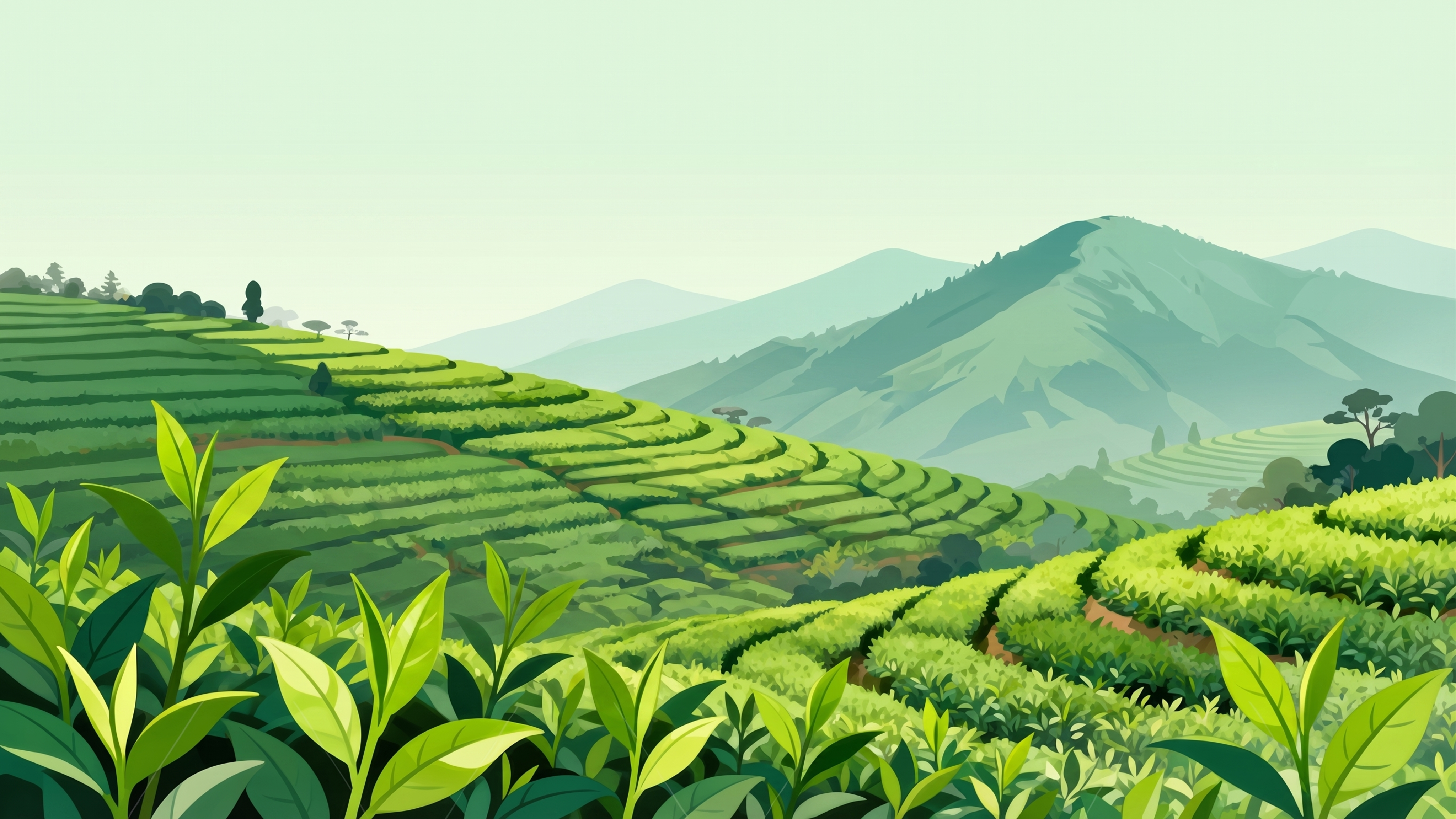 去掉图片中的云层和云雾，提升图片整体清晰度，保留原茶山茶园插画… - 图片创意预览