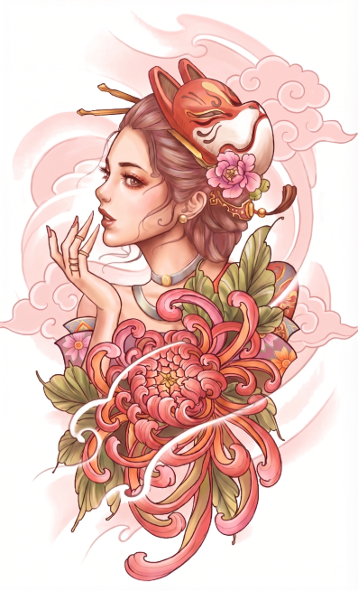 将黑灰祥云背景修改为浅粉色，调浅艺妓人物和花朵的整体颜色，整体调整为偏暖浅色调，保留原图构图和元素不变，维持纯白外背景预览效果