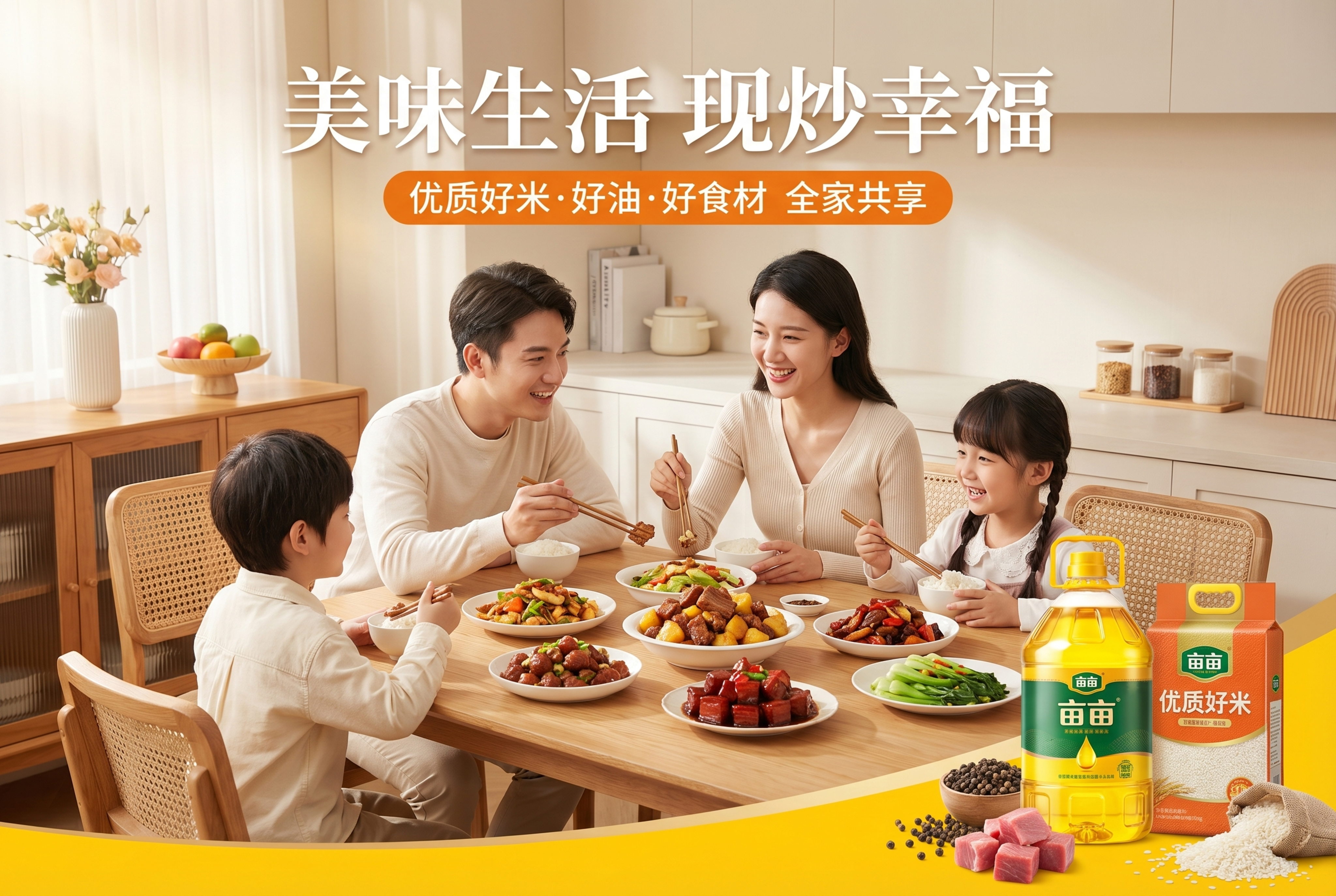 商业食品广告，一家四口（年轻父母+一儿一女）温馨家庭聚餐，围坐… - 图片创意预览